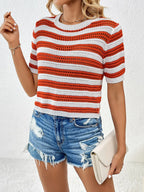 Openwork Striped Round Neck Short Sleeve Knit Top (3)