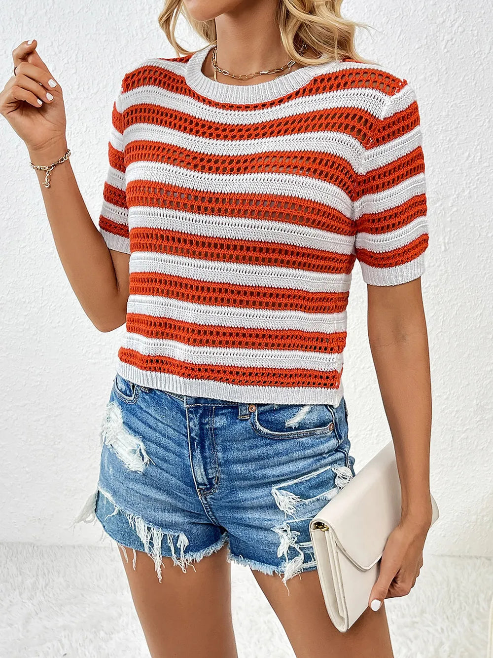 Openwork Striped Round Neck Short Sleeve Knit Top (3)