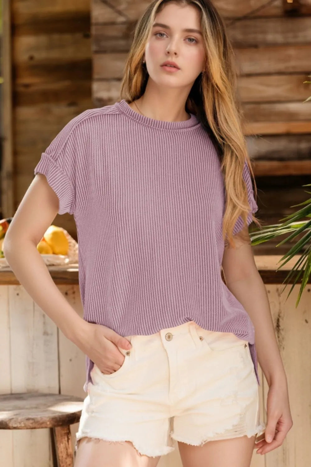 Casual Ribbed Short Sleeve Round Neck T-shirt (2)