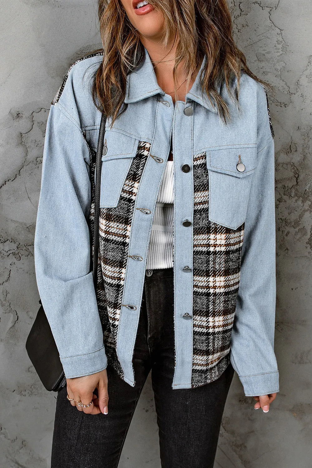Plaid Pocketed Button Up Denim Jacket (6)