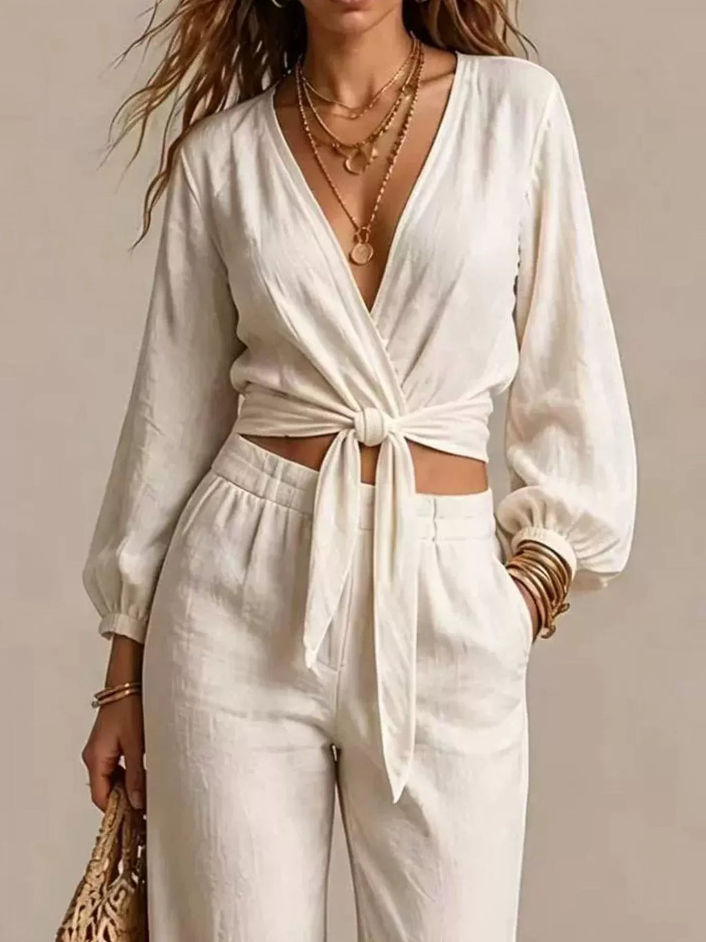 Tie-front Crop Top Wide-leg Pant Set (2)