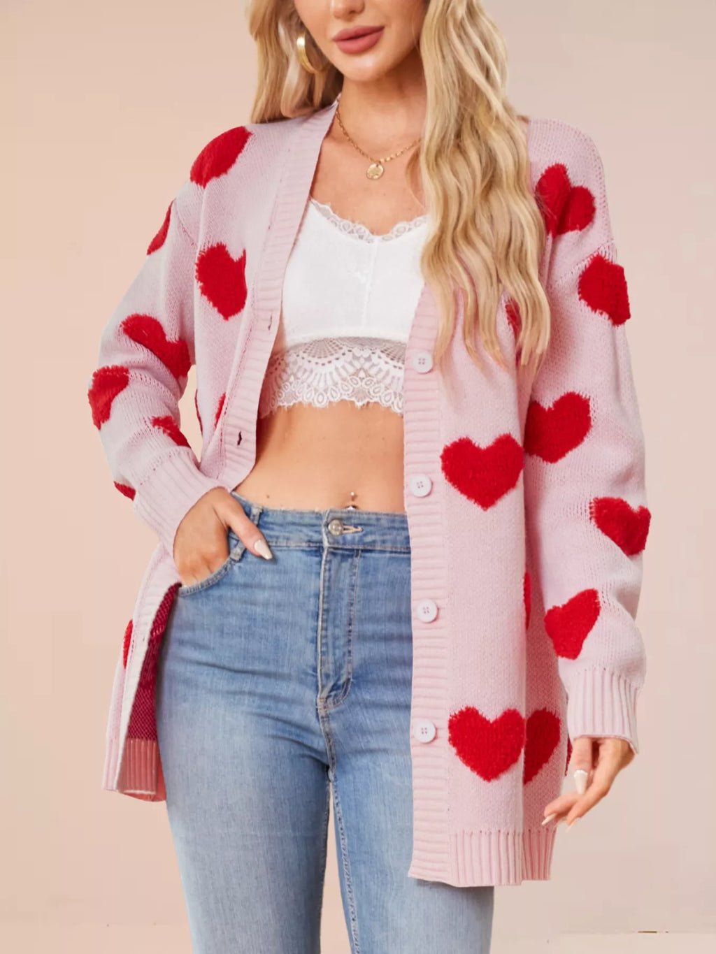 Heart Pattern Knit Button-up Cardigan (4)