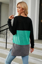 Block Round Neck Long Sleeve Slit T-shirt (2)