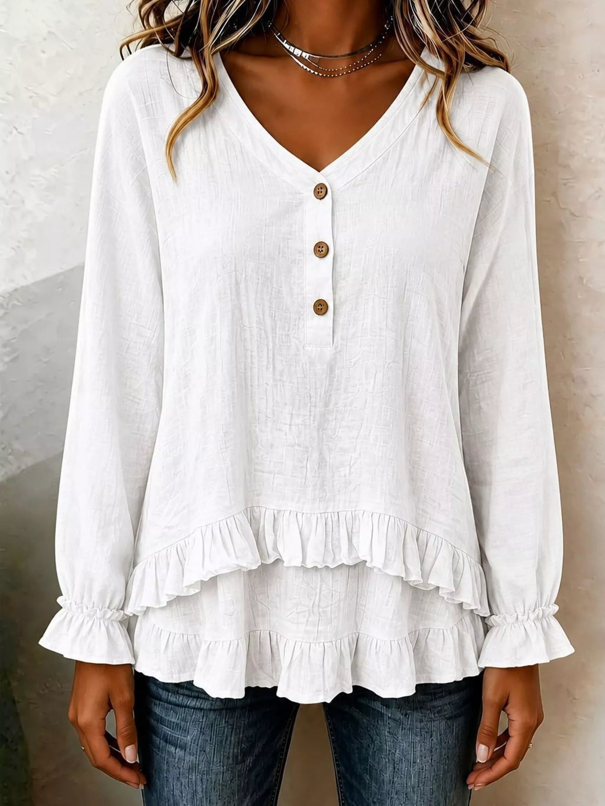 V-neck Long Sleeve Button Detail Ruffled Hem Blouse