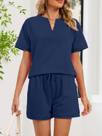 Notched Short Sleeve Top Shorts Set (29)