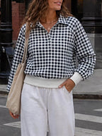 Gingham Plaid Collared Sweatshirt Ribbed Hem