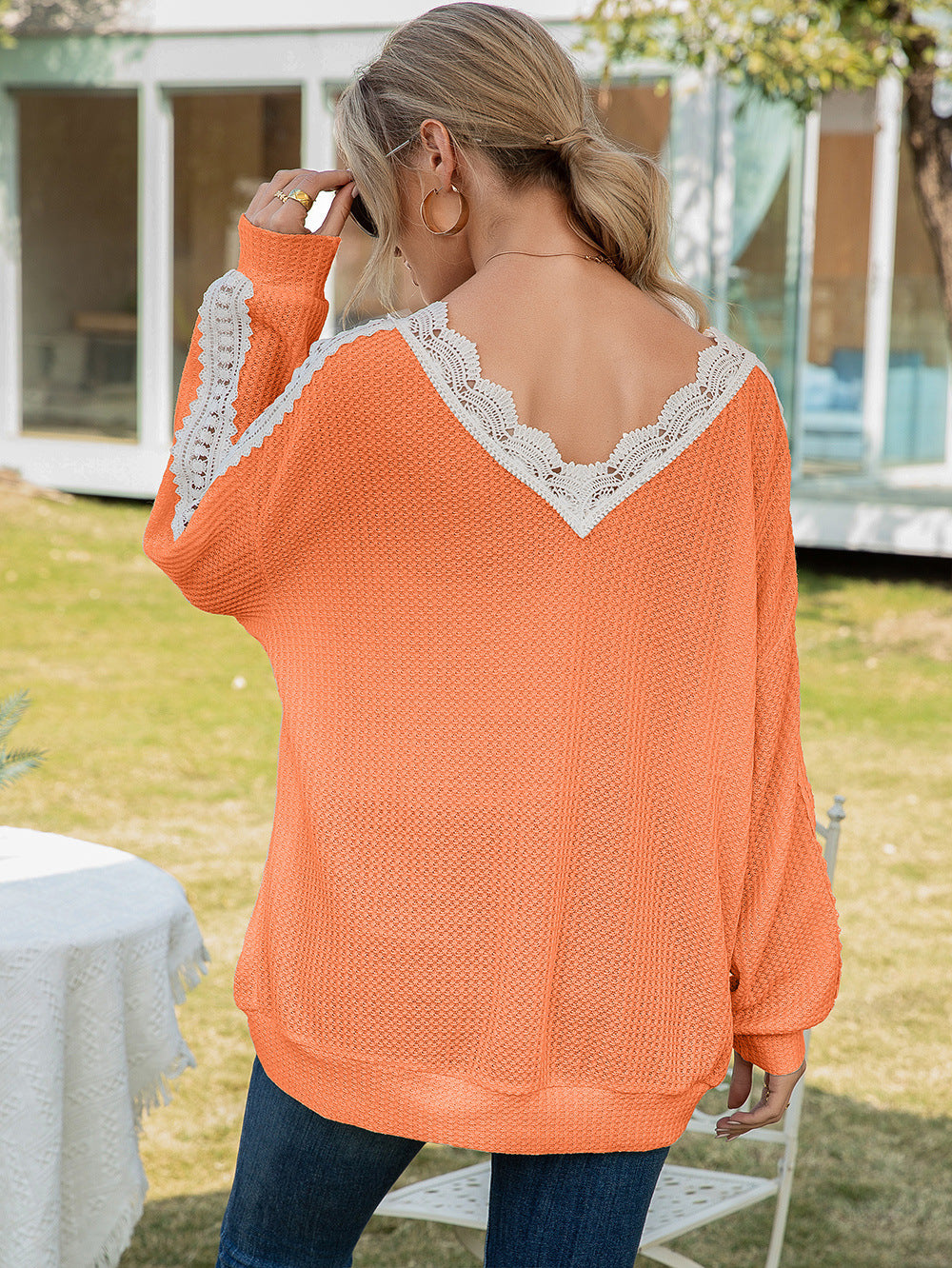 Contrast Spliced Lace V-neck Top (9)