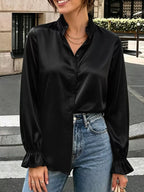 Elegant Button Down Ruffle Trim Satin Shirt (16)