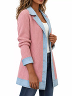 Full Size Denim Trim Ribbed Knit Cardigan Plus (38)