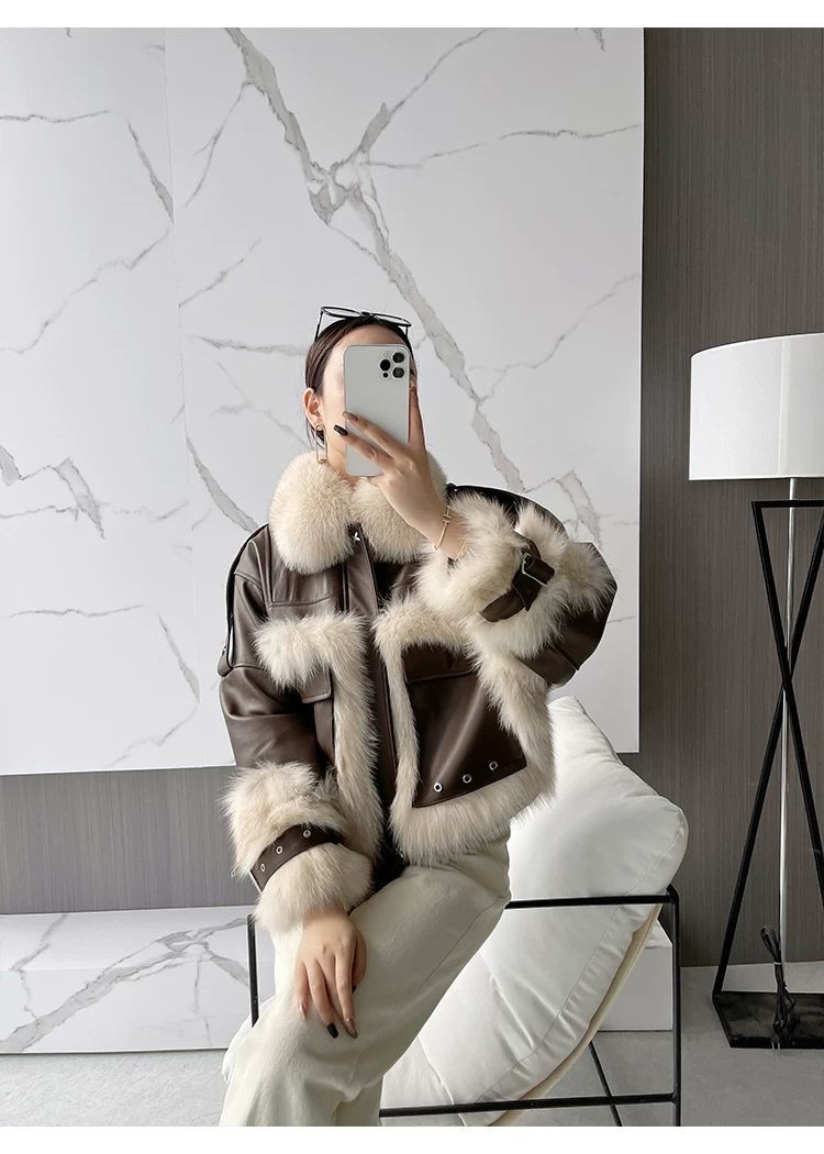 Sense Fox Fur Stitching Leather Coat photo 10