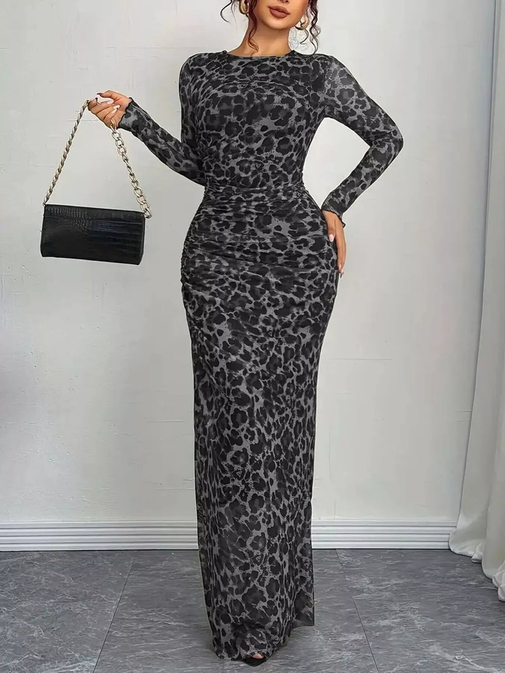 Leopard Ruched Bodycon Maxi Dress (2)