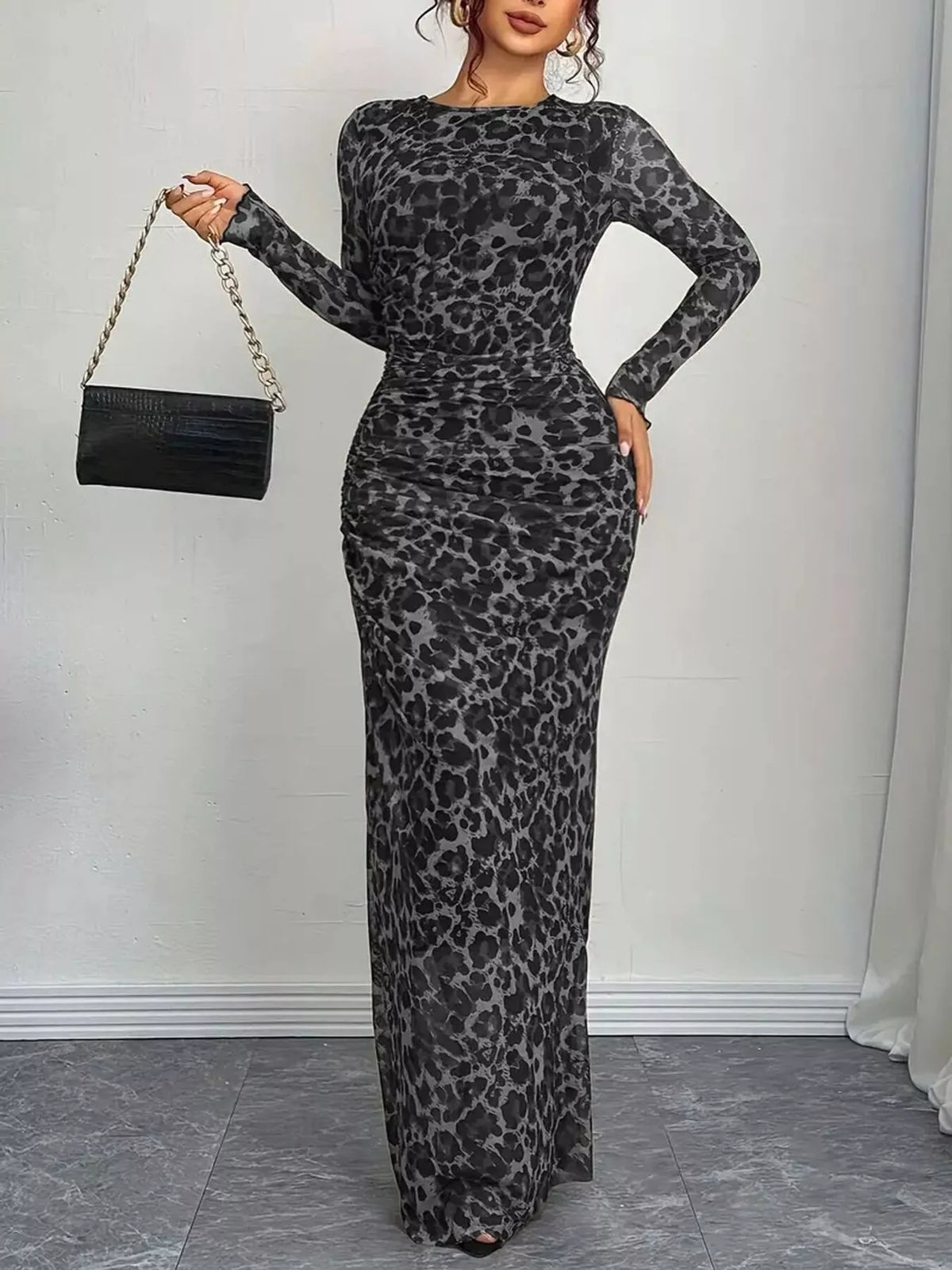Leopard Ruched Bodycon Maxi Dress (2)