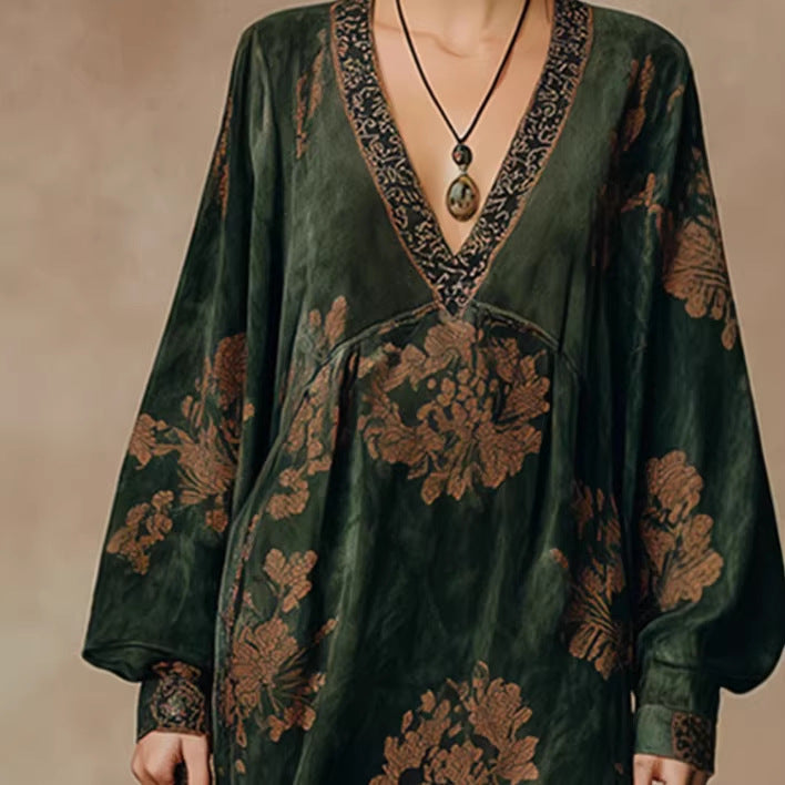 Retro Silhouette-printed Green Faux-suede Fringed Maxi Dress photo 4