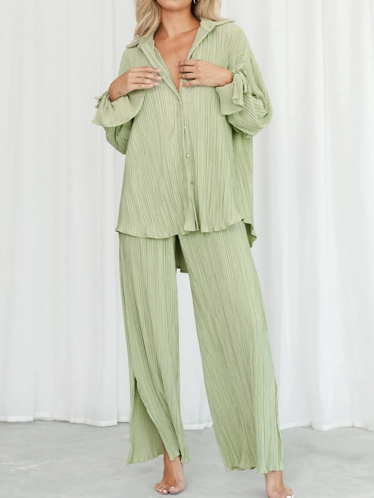 Button Up Long Sleeve Top Pants Set (13)