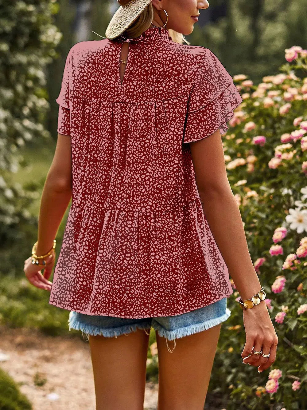 Printed Ruffle Sleeve Babydoll Blouse (16)