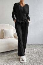 Ribbed V-neck Top Pants Lounge Set (5)