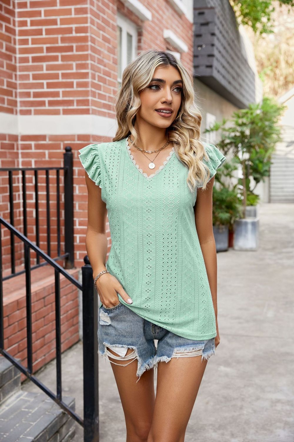 Eyelet Flutter Sleeve Scalloped V-neck Top (17)