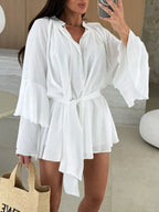 Bell Sleeve Tie Waist Mini Shirt Dress (2)