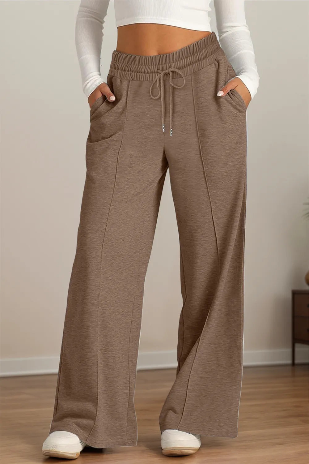 Drawstring Elastic Waist Wide Leg Pants (30)