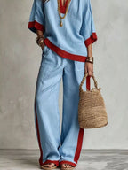 Full Size Contrast Trim Top Wide Leg Pants Set Plus (6)
