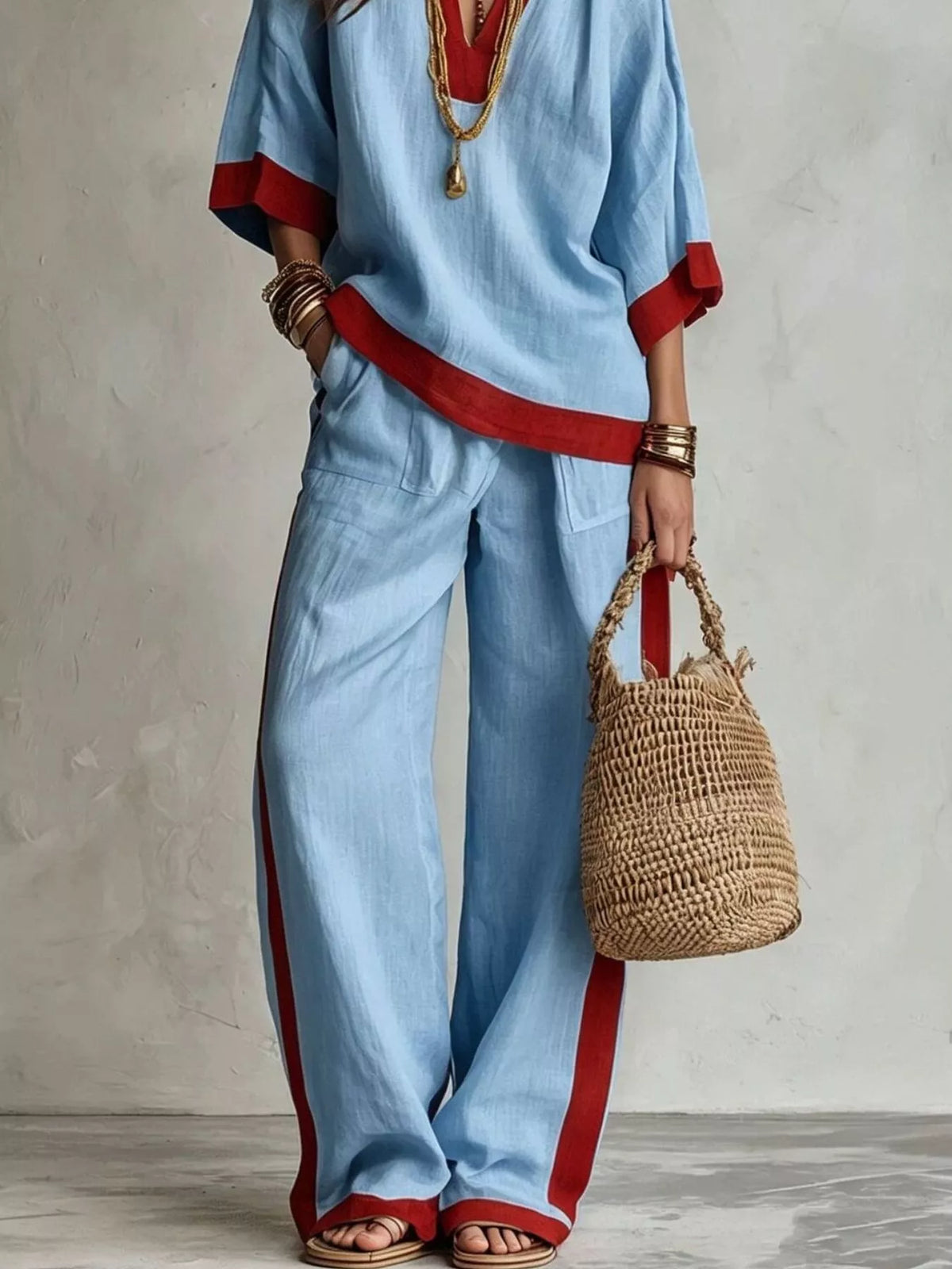 Full Size Contrast Trim Top Wide Leg Pants Set Plus (6)