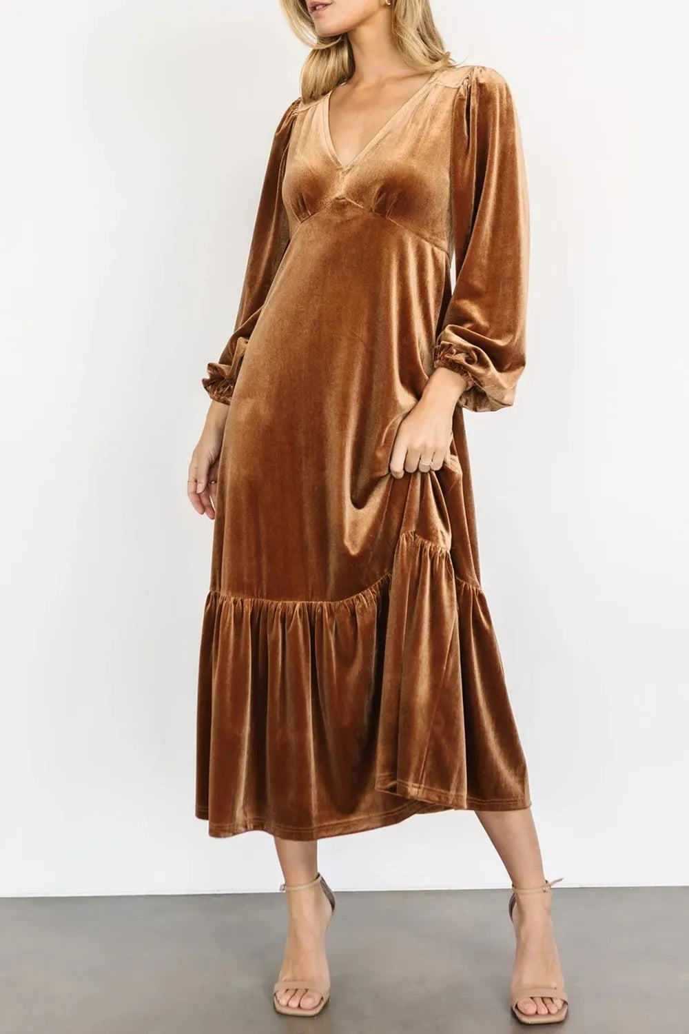 V-neck Long Sleeve Midi Velvet Dress (6)