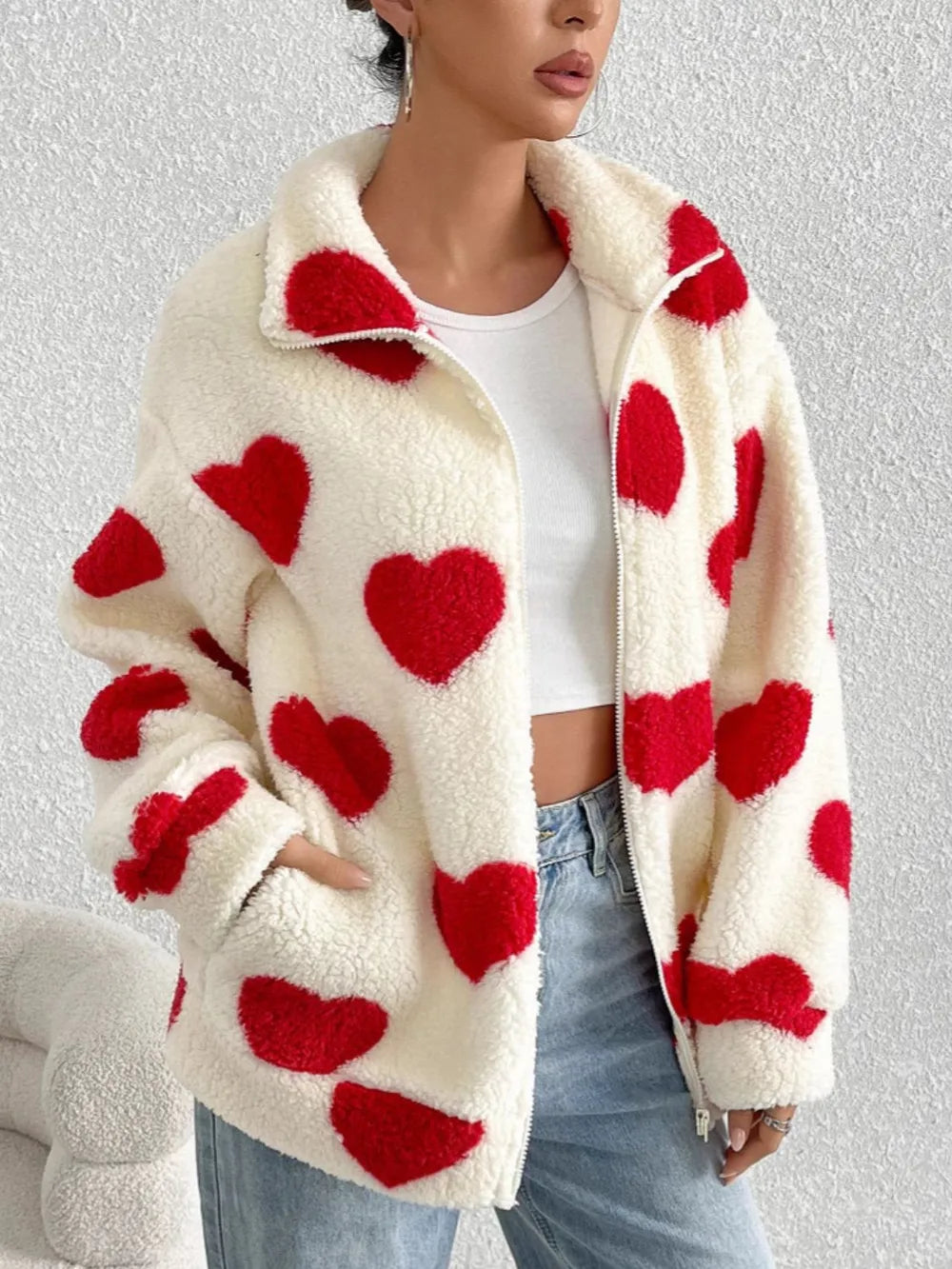 Heart Zip Up Drop Shoulder Furry Jacket (4)