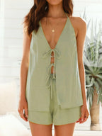 Tied Front Halter Neck Top Shorts Set (17)