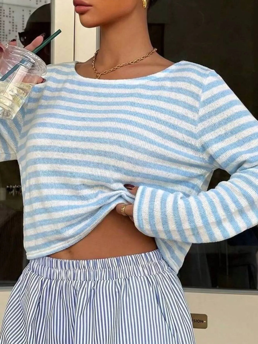 Boat Neck Striped Long Sleeve T-shirt (26)