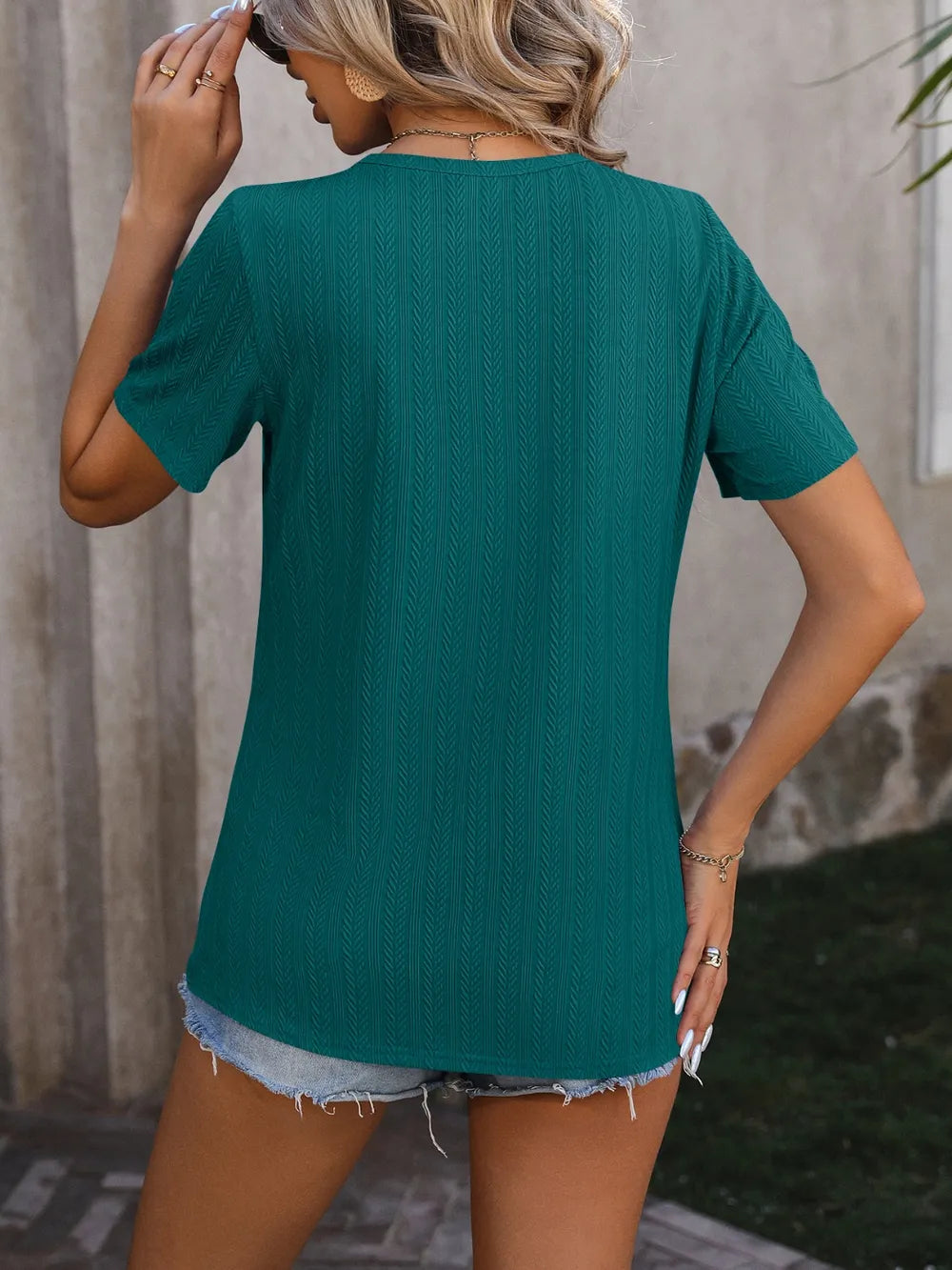 Decorative Button Round Neck Short Sleeve Blouse (24)