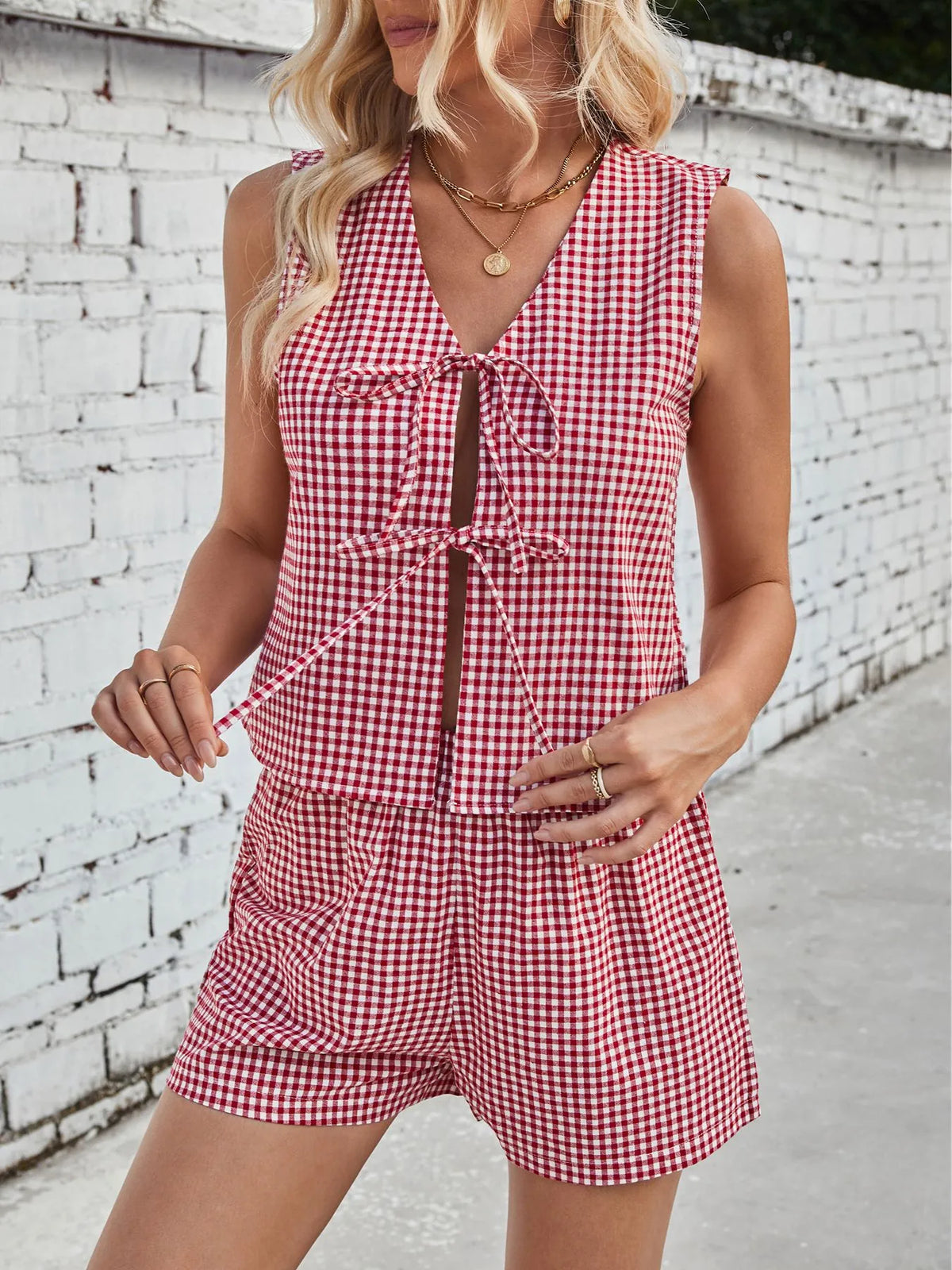 Gingham Print Tie Front Top Shorts Set (11)