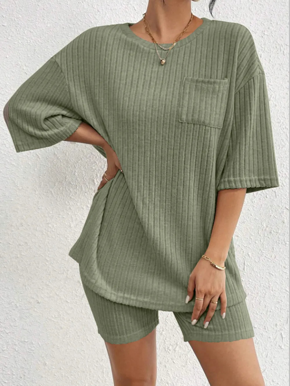 Ribbed Round Neck Top Shorts Set (29)