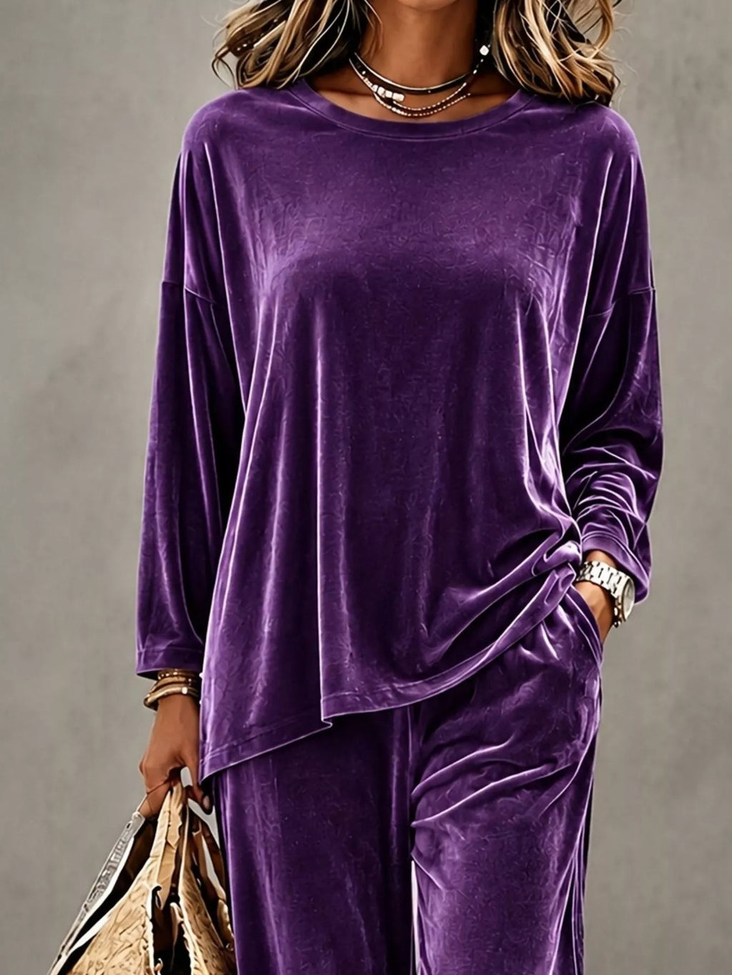 Full Size Velvet Long Sleeve Top Pants Set Plus (5)