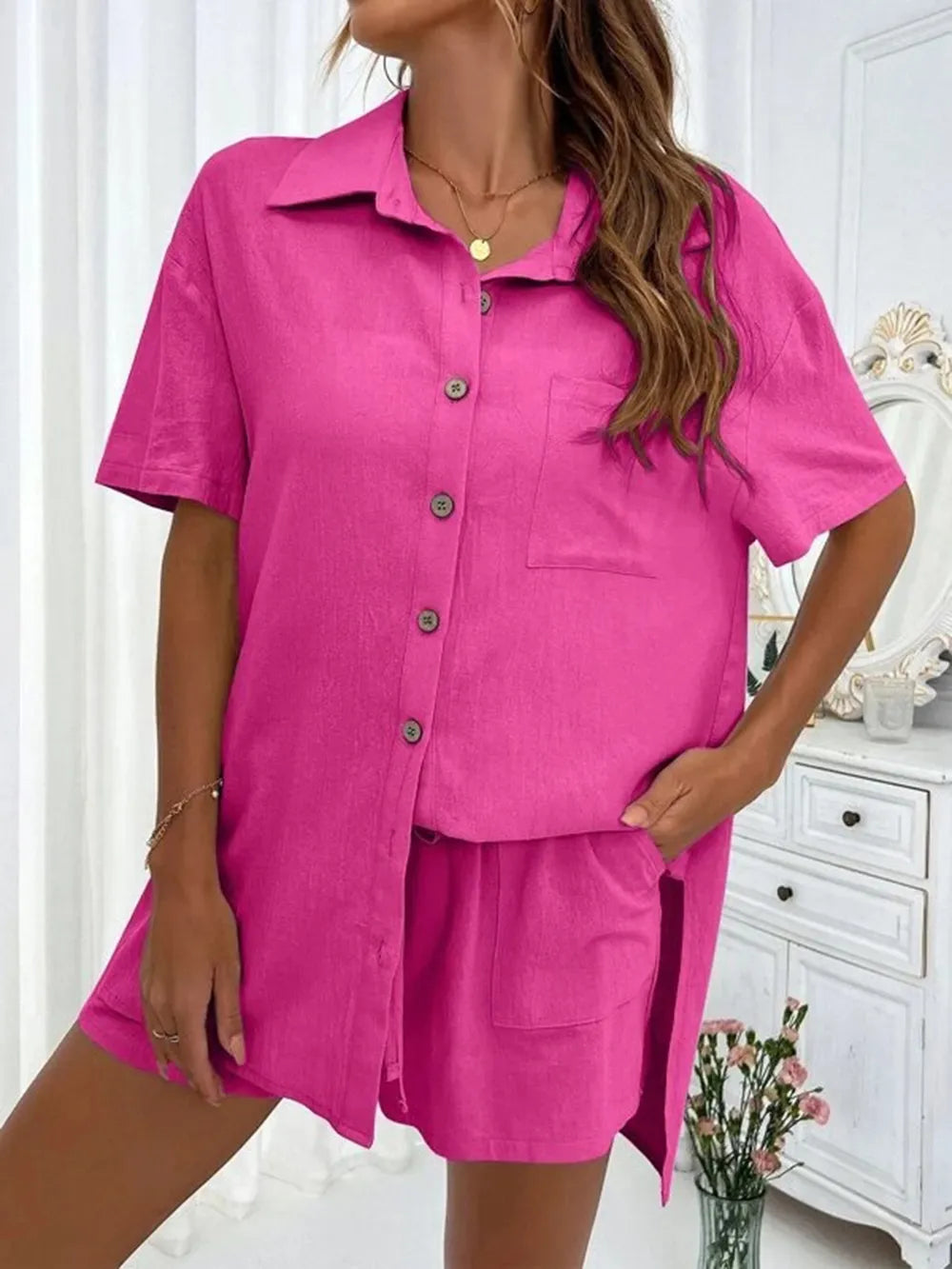 Button Up Shirt Drawstring Shorts Set (25)