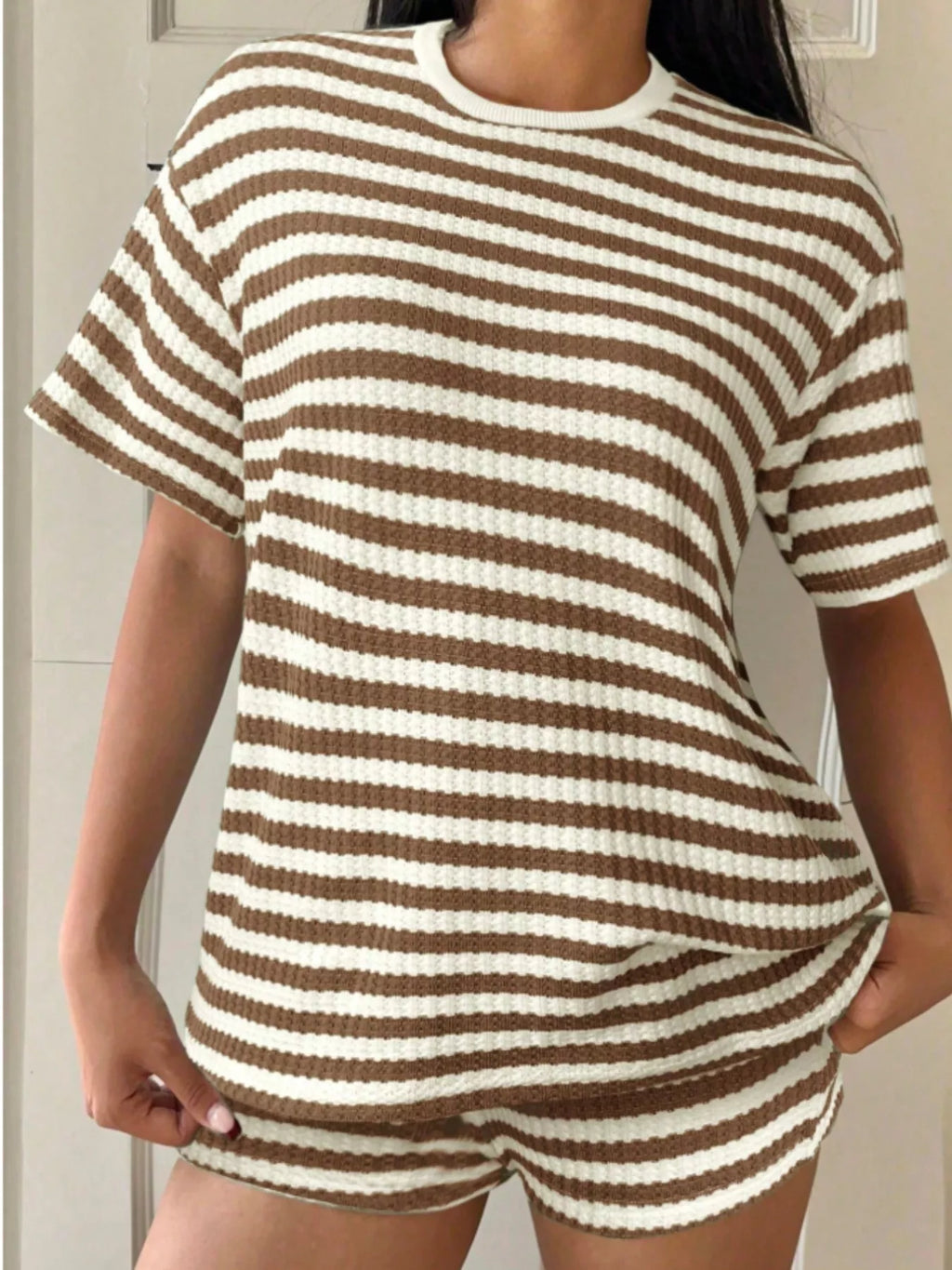 Striped Round Neck Top Shorts Set