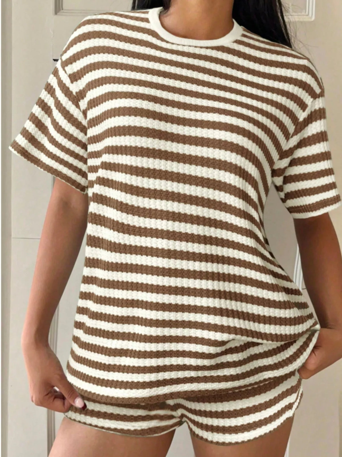 Striped Round Neck Top Shorts Set