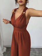 Sleeveless V-neck Wide-leg Jumpsuit O-ring Detail (15)