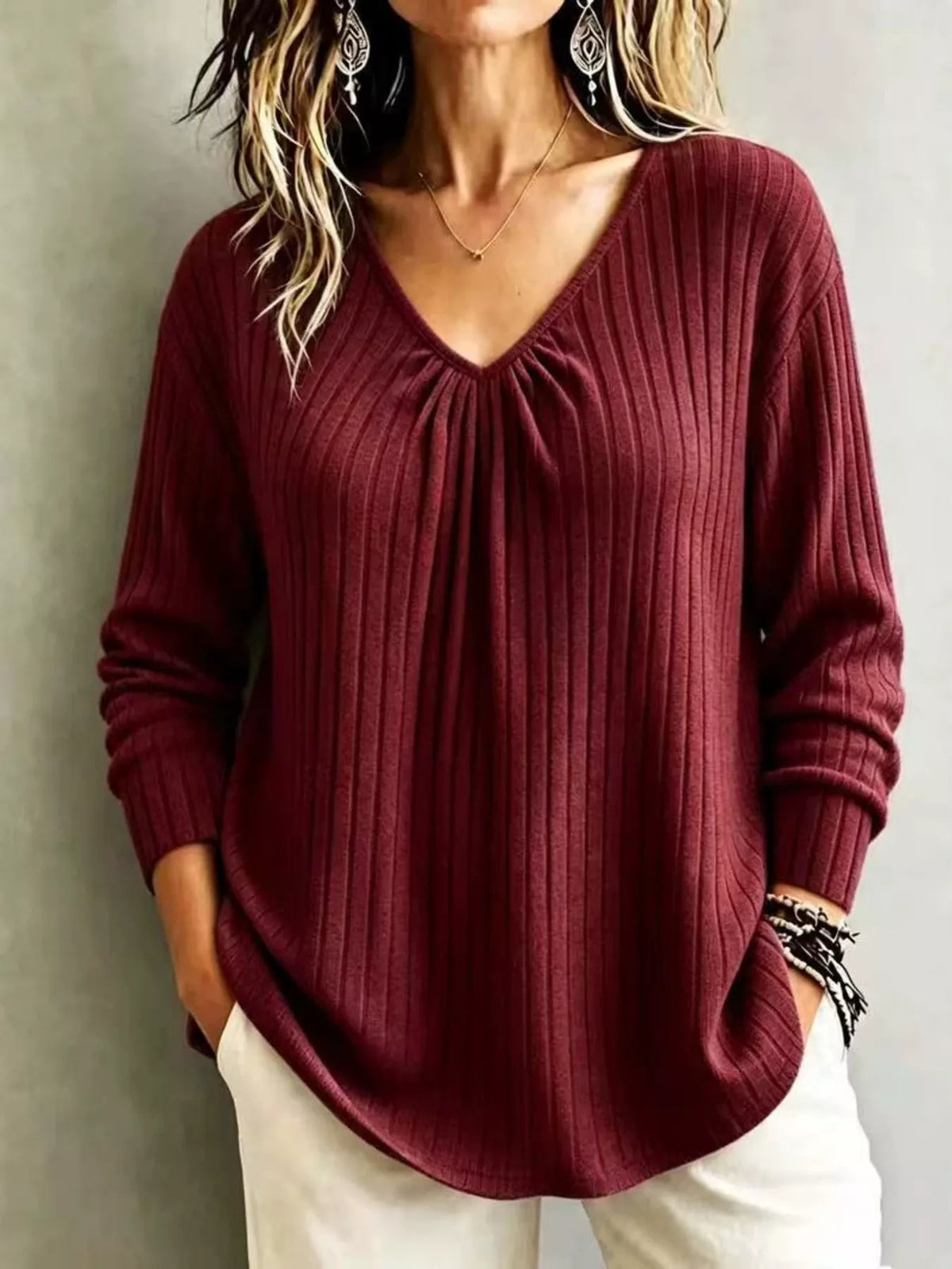 V-neck Ribbed Long Sleeve T-shirt (2)