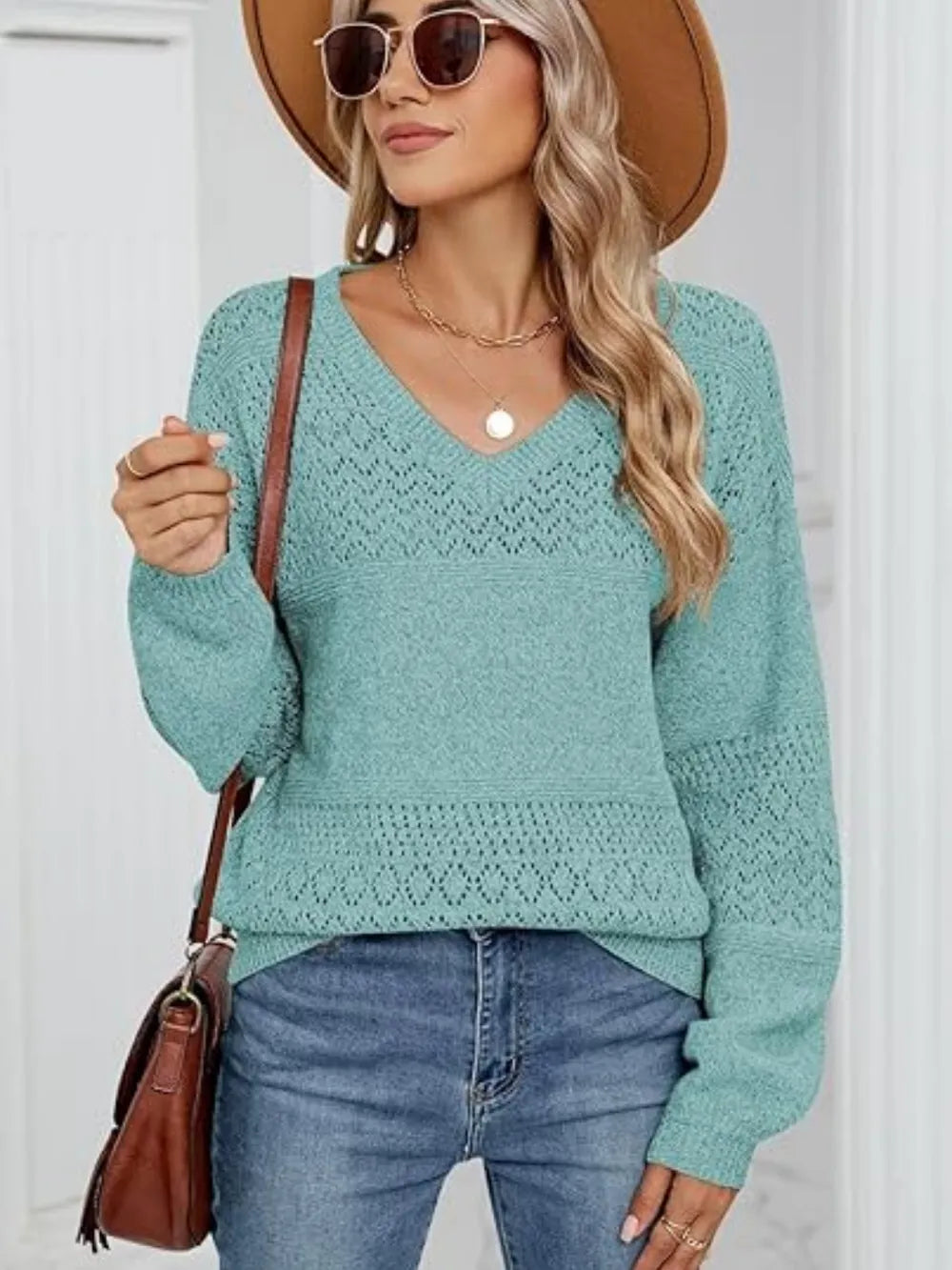 Eyelet V-neck Long Sleeve Sweater (14)