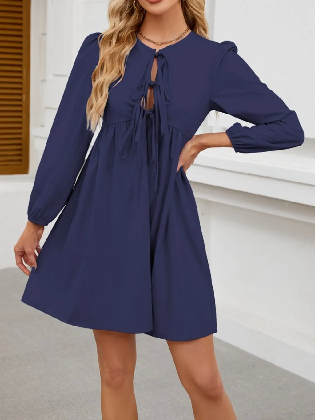 Tie Front Long Sleeve Mini Dress (8)