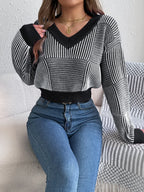 Striped V-neck Long Sleeve Sweater (2)