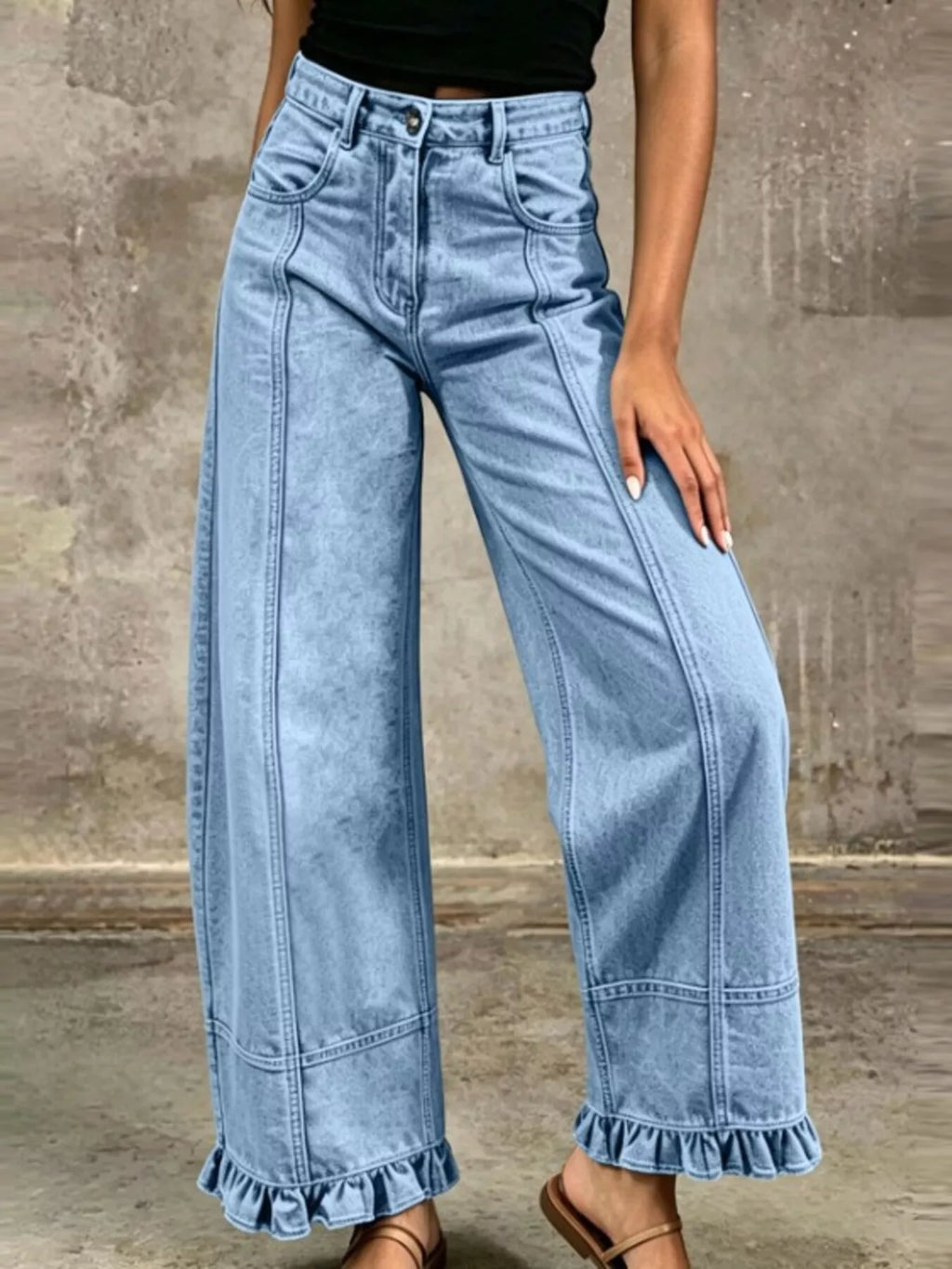 Full Size High-waisted Wide-leg Ruffle Hem Jeans Plus