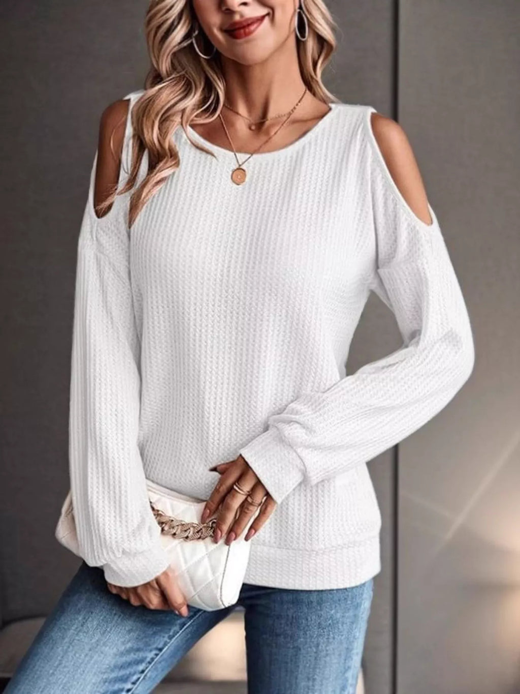 Solid Color Cold Shoulder Long Sleeve T-shirt (8)