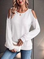 Solid Color Cold Shoulder Long Sleeve T-shirt (8)