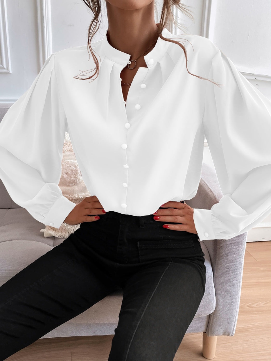 Mock Neck Button Front Shirt (5)