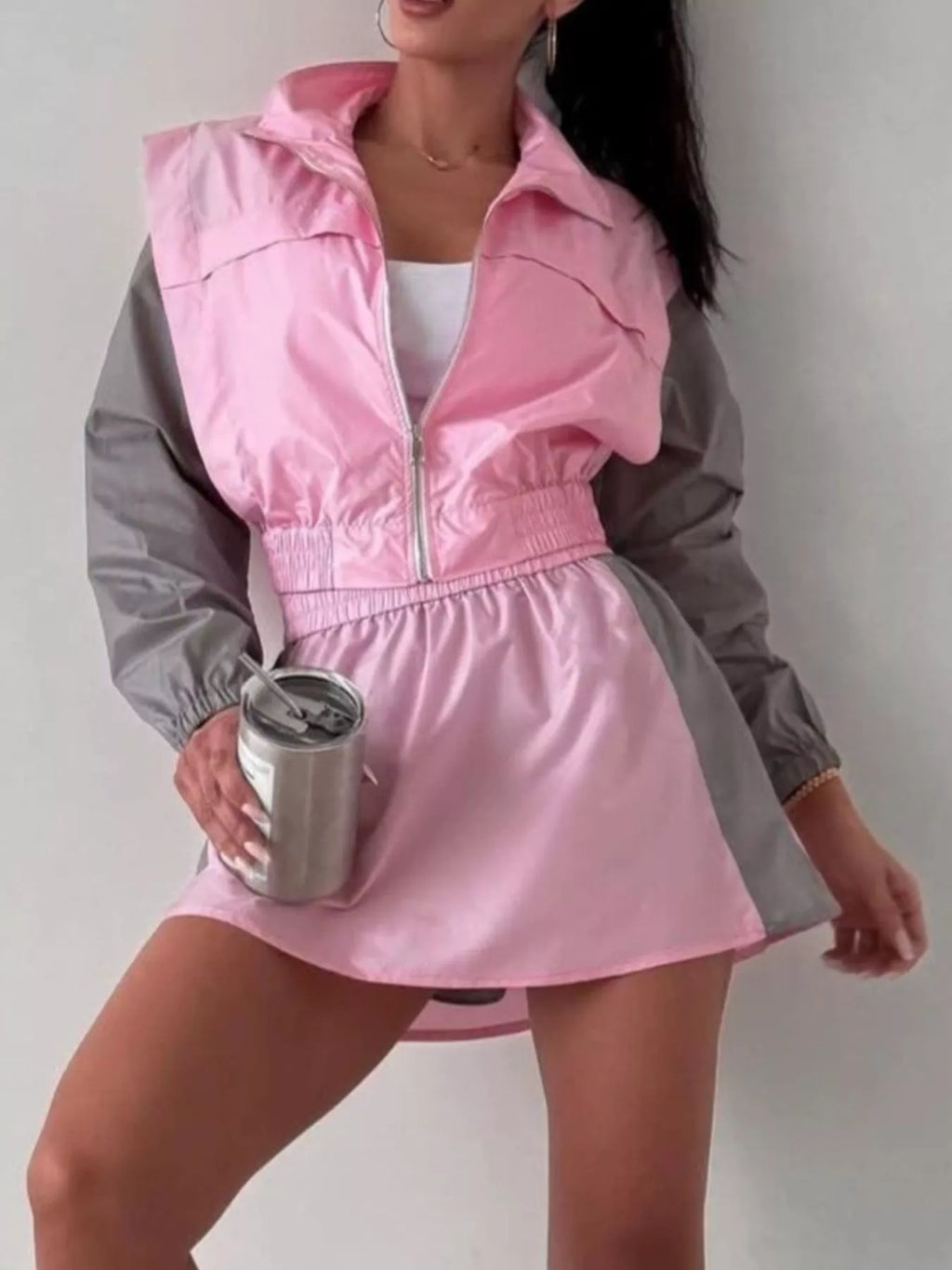 Color-block Cropped Jacket Skort Set (2)