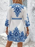Printed V-neck Balloon Sleeve Mini Dress (6)