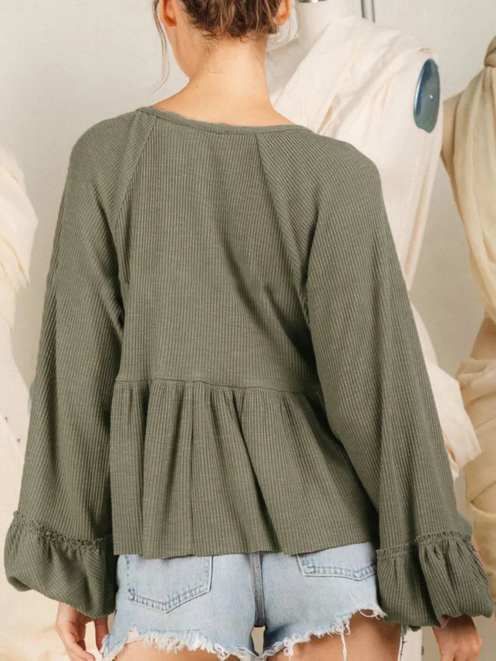 Notched Balloon Sleeve Peplum Blouse (2)