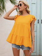 Round Neck Flutter Sleeve Tiered Blouse (3)