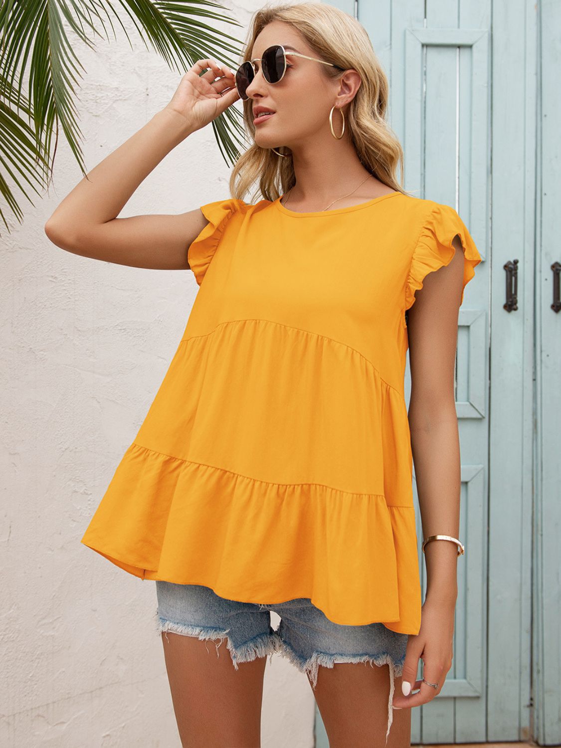 Round Neck Flutter Sleeve Tiered Blouse (3)